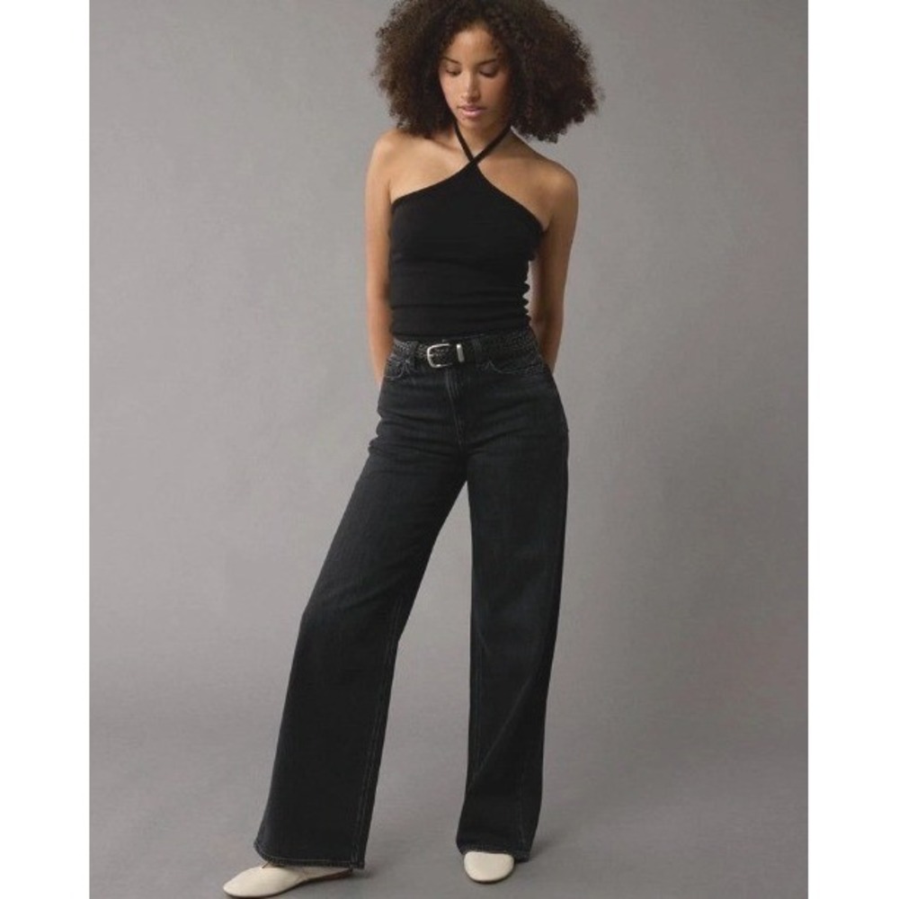 American Eagle Curvy Super High Rise Baggy Wide Leg Jeans Women Sz 8 Black Good